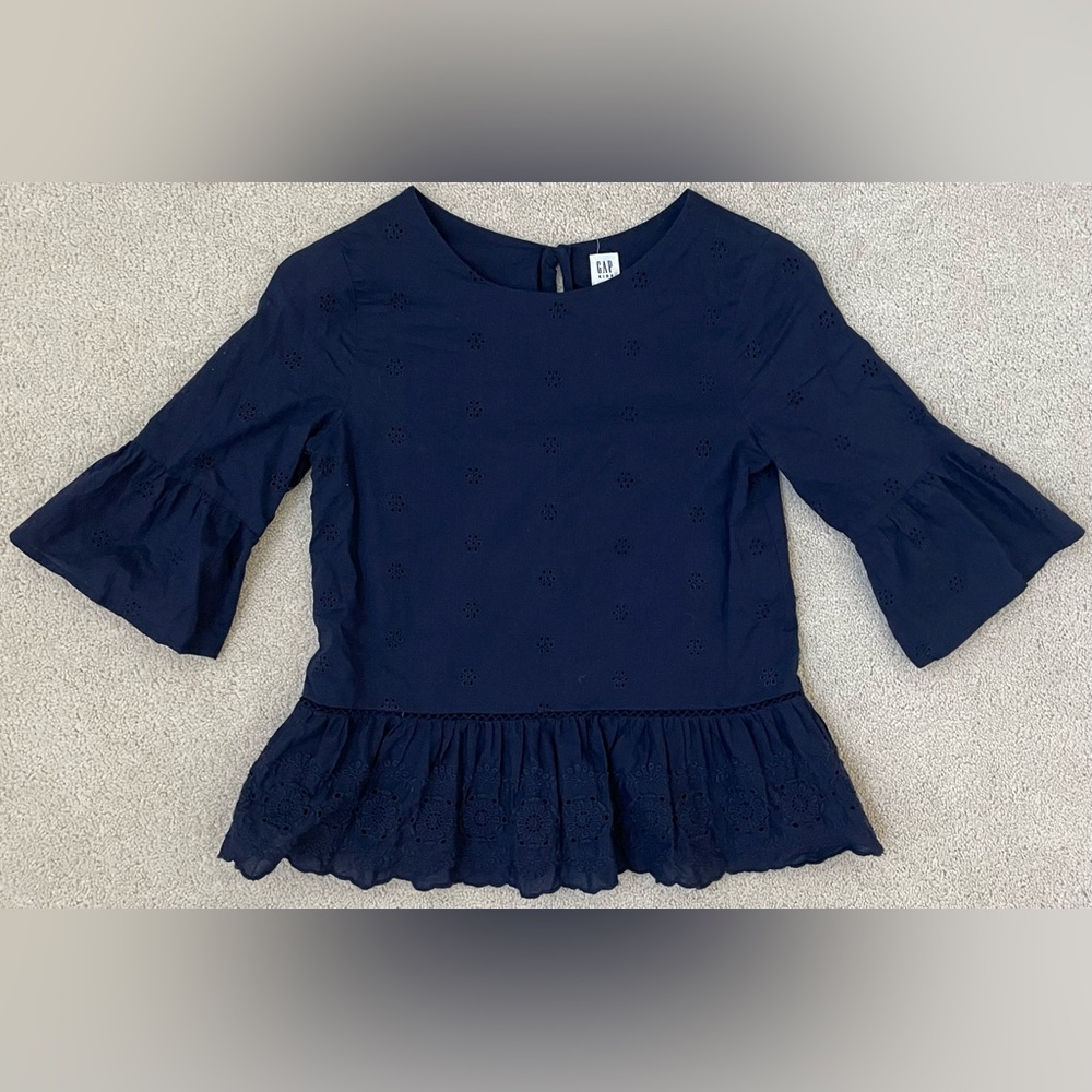 GAP 12 Navy Blue Eyelet 3/4 Sleeve Peplum Blouse